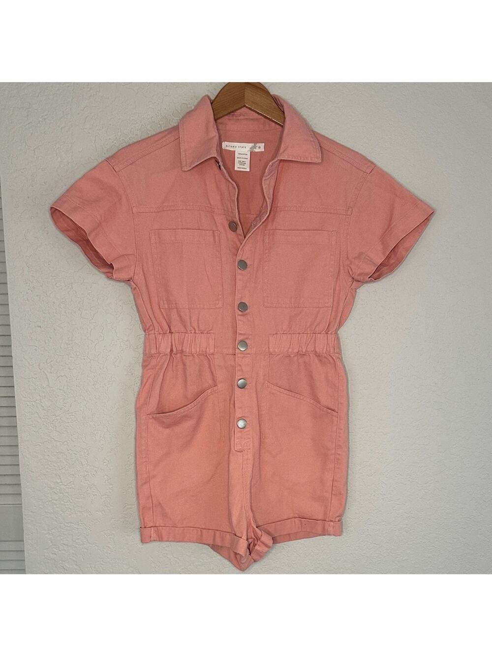 NEW Altar'd State Pink Button Up Romper Shorts Cargo Utility Playsuit Sporty XS